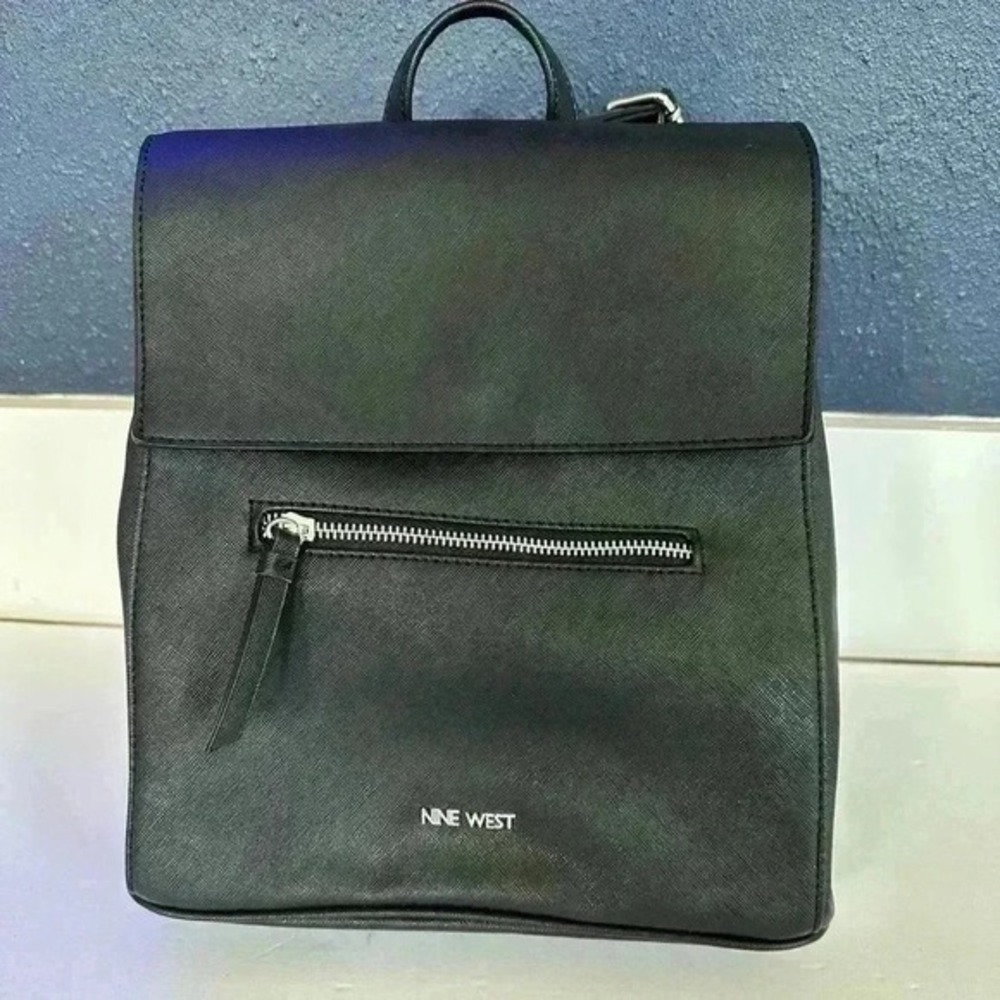 Nine West Black Faux Leather Flap Backpack Front Zip‎ Pocket Adjustable Straps
